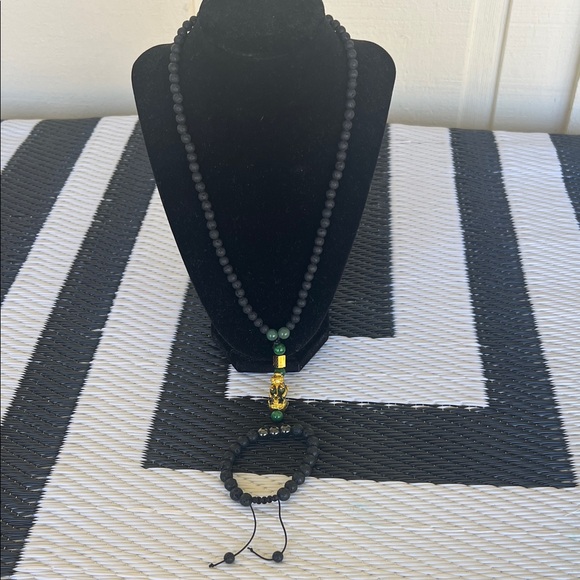 The Healing Sole Jewelry - Handmade Black Natural Stone/Green Gold Dragon “22” in Necklace / Bracelet Set.